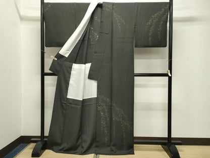 平和屋着物●訪問着　手描き　草木文　黒地　金彩　背抜き仕立て　正絹　逸品　CABM5037gh