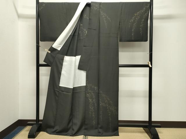 平和屋着物●訪問着　手描き　草木文　黒地　金彩　背抜き仕立て　正絹　逸品　CABM5037gh