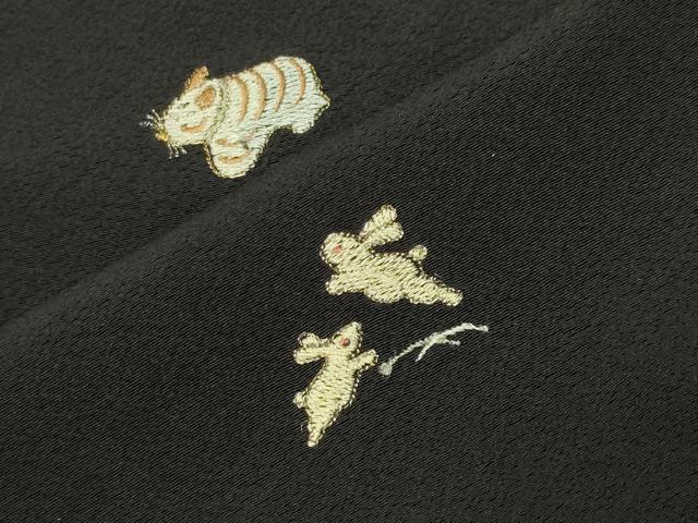 平和屋着物●上質な小紋　総刺繍　干支　黒地　金糸　正絹　逸品　CABM5043gh