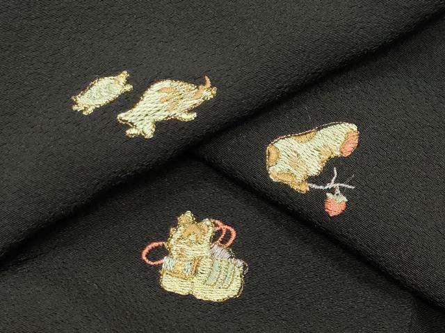 平和屋着物●上質な小紋　総刺繍　干支　黒地　金糸　正絹　逸品　CABM5043gh