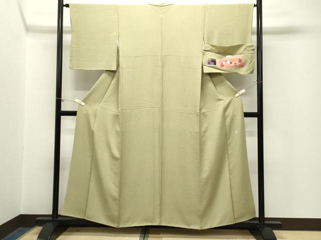 平和屋着物●京加賀友禅　百貫達雄監修　色無地　加賀乃梅染　草花地紋　抹茶色　銀座越後屋扱い　反端付き　正絹　逸品　CABM5062gh