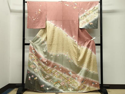 平和屋着物●訪問着　扇面花文　暈し染め　金銀彩　正絹　逸品　CABM5079gh