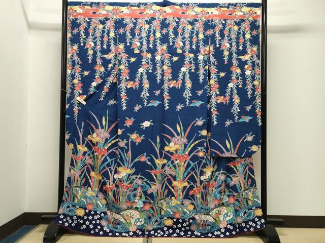 平和屋着物●豪華振袖　型染め　流水花鳥文　正絹　逸品　CABM5113gh
