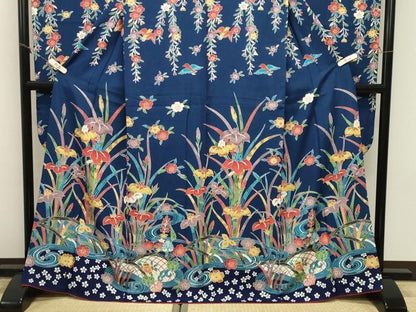 平和屋着物●豪華振袖　型染め　流水花鳥文　正絹　逸品　CABM5113gh