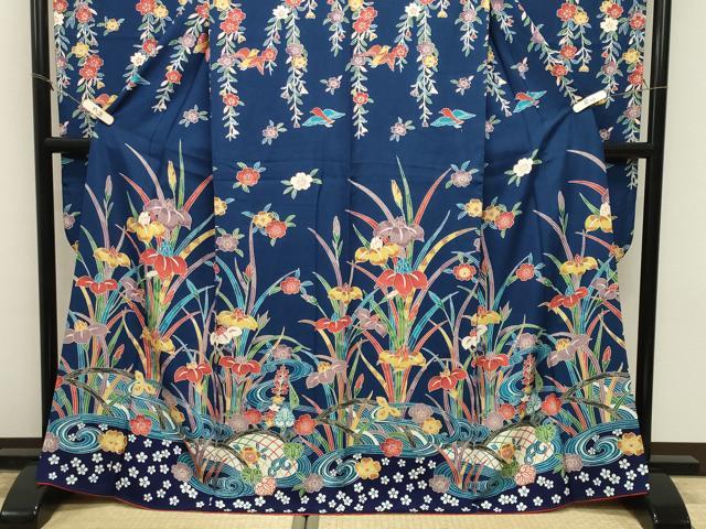 平和屋着物●豪華振袖　型染め　流水花鳥文　正絹　逸品　CABM5113gh