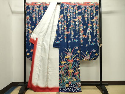 平和屋着物●豪華振袖　型染め　流水花鳥文　正絹　逸品　CABM5113gh