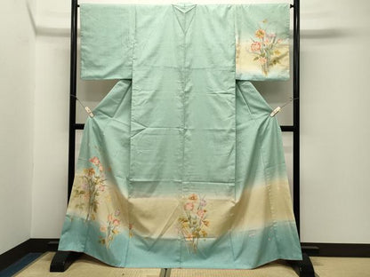 平和屋着物●訪問着　紬地　作家物　ろうけつ染　草花文　暈し染め　金彩　正絹　逸品　CABM5128gh