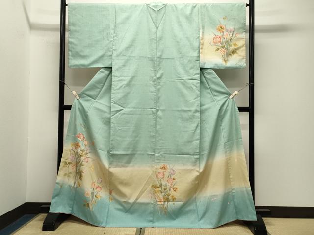 平和屋着物●訪問着　紬地　作家物　ろうけつ染　草花文　暈し染め　金彩　正絹　逸品　CABM5128gh