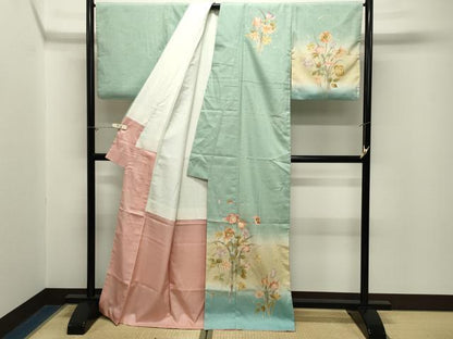 平和屋着物●訪問着　紬地　作家物　ろうけつ染　草花文　暈し染め　金彩　正絹　逸品　CABM5128gh