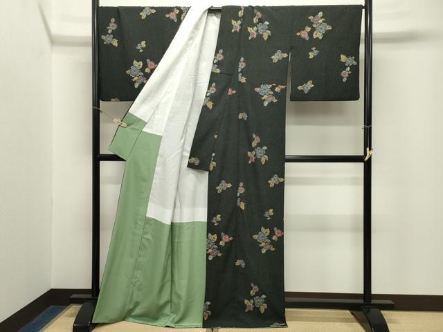 平和屋着物●上質な小紋　草花文　黒地　金彩　正絹　逸品　CABM5163gh