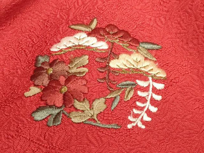 平和屋着物●豪華振袖　色無地　草花地紋　緋色　正絹　逸品　CABM5173gh
