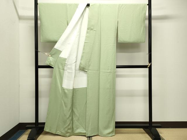 平和屋着物●上質な色無地　舞花地紋　若葉色　反端付き　正絹　逸品　CABM5177gh