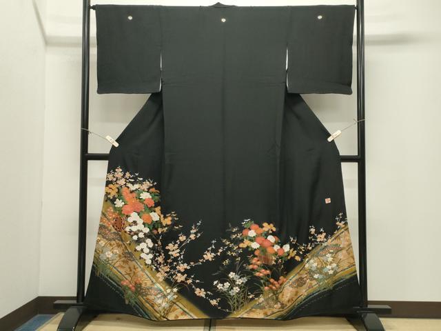 平和屋着物●女優・後藤久美子ブランド　黒留袖　刺繍　花車文　暈し染め　金彩　正絹　逸品　CABM5212gh