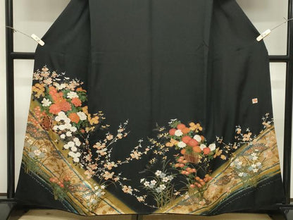 平和屋着物●女優・後藤久美子ブランド　黒留袖　刺繍　花車文　暈し染め　金彩　正絹　逸品　CABM5212gh