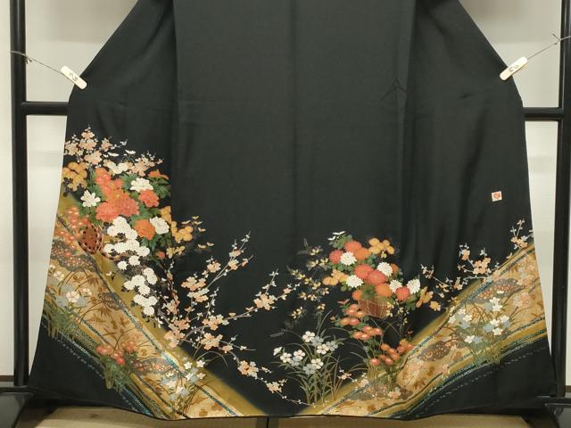 平和屋着物●女優・後藤久美子ブランド　黒留袖　刺繍　花車文　暈し染め　金彩　正絹　逸品　CABM5212gh