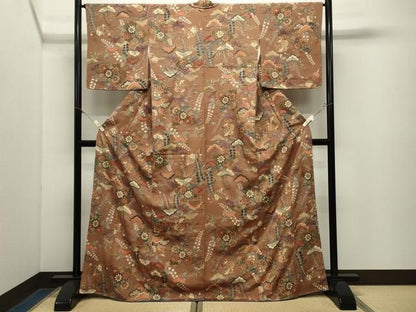平和屋着物●上質な小紋　松花文　金彩　鬼しぼ縮緬　正絹　逸品　CABM5287gh