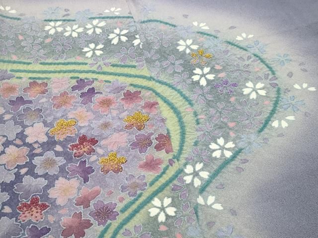 平和屋着物●中国三大刺繍　相良刺繍　色留袖訪問着　絞り　舞桜花文　暈し染め　金彩　ロング丈　正絹　逸品　CABM5295gh