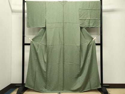 平和屋着物●上質な色無地　寿光織　花唐草地紋　松葉色　反端付き　正絹　逸品　未使用　CABM5363gh
