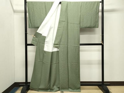 平和屋着物●上質な色無地　寿光織　花唐草地紋　松葉色　反端付き　正絹　逸品　未使用　CABM5363gh