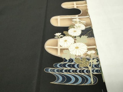 平和屋着物●豪華黒留袖　作家物　刺繍　流水花文　金彩　正絹　逸品　未使用　CABM5367gh