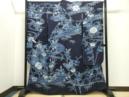 平和屋着物●藍染工房・こんや全国阿波藍染染織作家協会会員松本輝夫振袖紅型鴛鴦花蝶文鈴乃屋扱い正絹　逸品　未使用　CABM5376gh