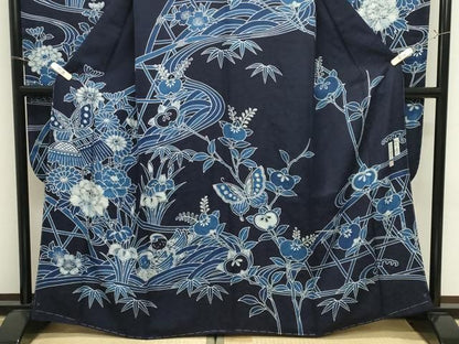 平和屋着物●藍染工房・こんや全国阿波藍染染織作家協会会員松本輝夫振袖紅型鴛鴦花蝶文鈴乃屋扱い正絹　逸品　未使用　CABM5376gh
