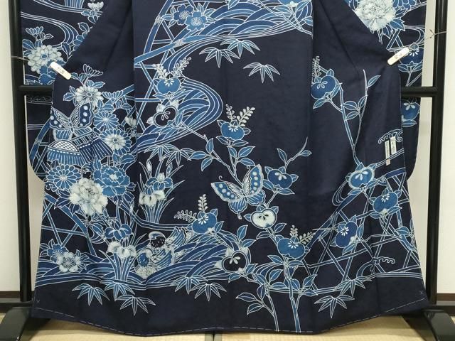 平和屋着物●藍染工房・こんや全国阿波藍染染織作家協会会員松本輝夫振袖紅型鴛鴦花蝶文鈴乃屋扱い正絹　逸品　未使用　CABM5376gh