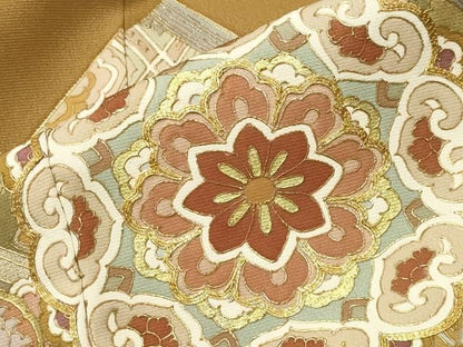 平和屋着物●豪華色留袖　駒刺繍　扇面花文　金彩　正絹　逸品　CABM5377gh