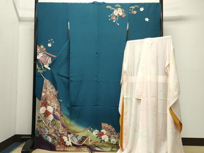 平和屋着物●豪華振袖・長襦袢セット　駒刺繍　御所車扇面花文　暈し染め　金彩　正絹　逸品　CABM5405gh