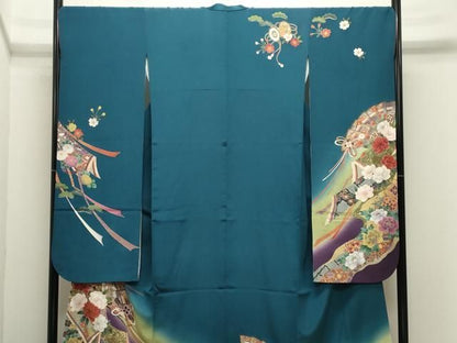 平和屋着物●豪華振袖・長襦袢セット　駒刺繍　御所車扇面花文　暈し染め　金彩　正絹　逸品　CABM5405gh