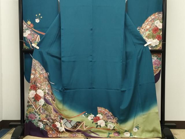 平和屋着物●豪華振袖・長襦袢セット　駒刺繍　御所車扇面花文　暈し染め　金彩　正絹　逸品　CABM5405gh