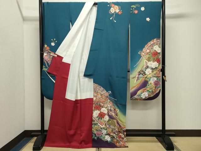 平和屋着物●豪華振袖・長襦袢セット　駒刺繍　御所車扇面花文　暈し染め　金彩　正絹　逸品　CABM5405gh