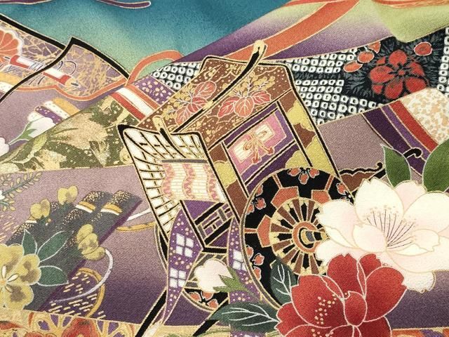 平和屋着物●豪華振袖・長襦袢セット　駒刺繍　御所車扇面花文　暈し染め　金彩　正絹　逸品　CABM5405gh