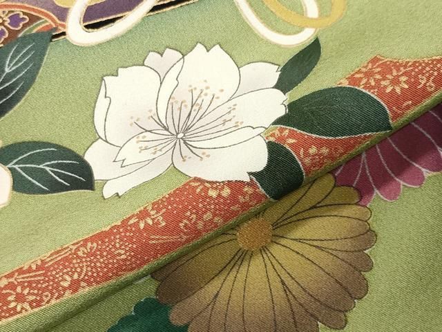 平和屋着物●豪華振袖・長襦袢セット　駒刺繍　御所車扇面花文　暈し染め　金彩　正絹　逸品　CABM5405gh
