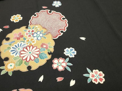 平和屋着物●訪問着　雪輪重ね花文　黒地　金彩　鬼しぼ縮緬　正絹　逸品　未使用　CABM5426gh