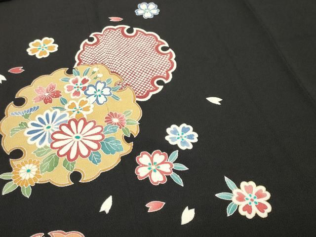 平和屋着物●訪問着　雪輪重ね花文　黒地　金彩　鬼しぼ縮緬　正絹　逸品　未使用　CABM5426gh