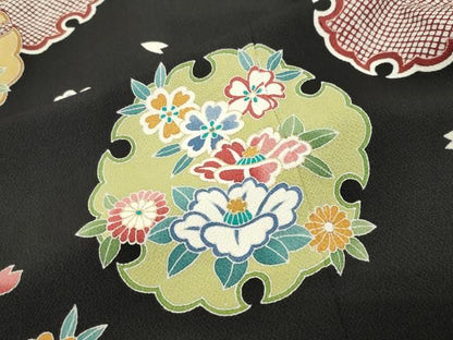 平和屋着物●訪問着　雪輪重ね花文　黒地　金彩　鬼しぼ縮緬　正絹　逸品　未使用　CABM5426gh