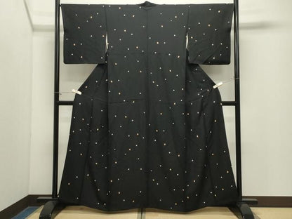 平和屋着物●上質な小紋　花織　フクロウ　黒地　金彩　正絹　逸品　CABM5447gh