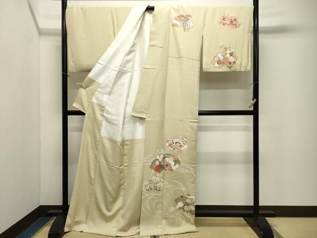 平和屋着物●訪問着　駒刺繍　流水地紙花文　金彩　正絹　逸品　CABM5459gh