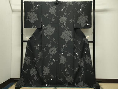 平和屋着物●上質な小紋　絞り　草木文　黒地　ロング丈　正絹　逸品　未使用　CABM5518gh