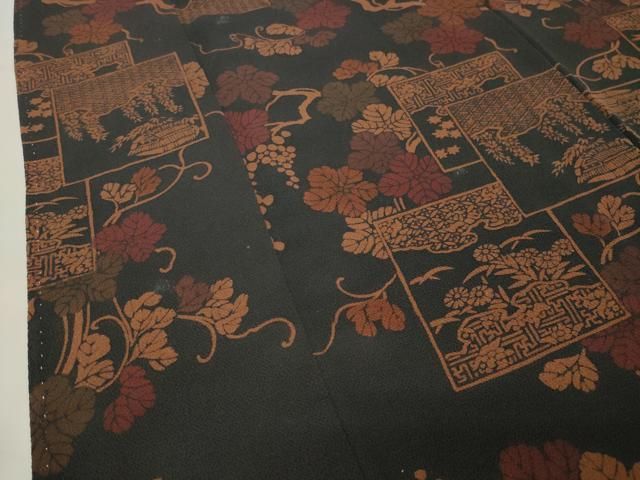 平和屋着物●上質な小紋　作家物　色紙葡萄蔦の葉文　黒地　鬼しぼ縮緬　ロング丈　正絹　逸品　CABM5519gh