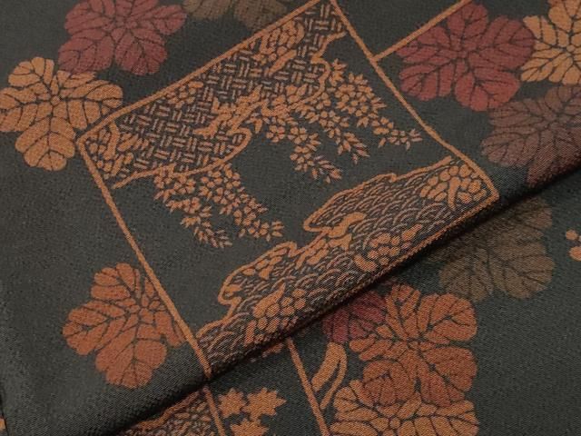 平和屋着物●上質な小紋　作家物　色紙葡萄蔦の葉文　黒地　鬼しぼ縮緬　ロング丈　正絹　逸品　CABM5519gh