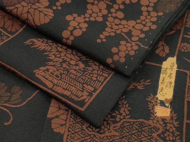 平和屋着物●上質な小紋　作家物　色紙葡萄蔦の葉文　黒地　鬼しぼ縮緬　ロング丈　正絹　逸品　CABM5519gh