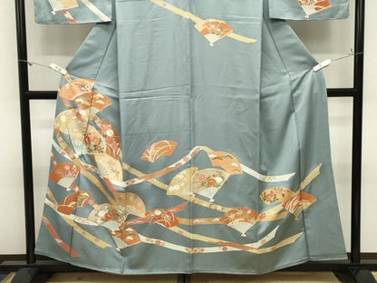 平和屋着物●訪問着　駒刺繍　扇面花文　金銀彩　正絹　逸品　CABM5536gh