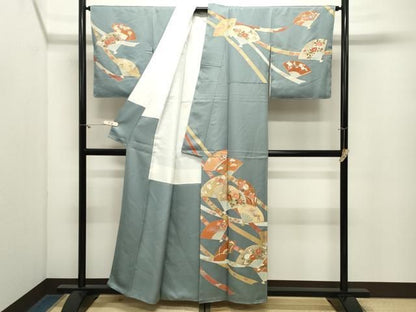平和屋着物●訪問着　駒刺繍　扇面花文　金銀彩　正絹　逸品　CABM5536gh