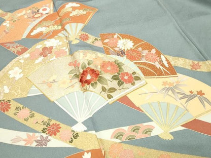 平和屋着物●訪問着　駒刺繍　扇面花文　金銀彩　正絹　逸品　CABM5536gh