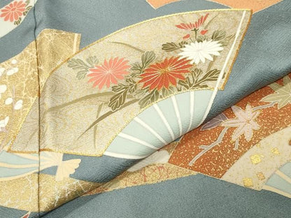 平和屋着物●訪問着　駒刺繍　扇面花文　金銀彩　正絹　逸品　CABM5536gh