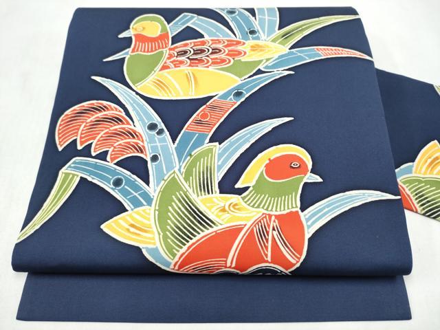 平和屋着物●塩瀬　全通柄　九寸名古屋帯　型染め　鴛鴦文　　正絹　逸品　CABM6001hy