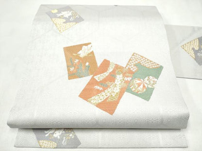 平和屋着物●九寸名古屋帯　色紙重ね熨斗草花文　金糸　正絹　逸品　CABM6004hy