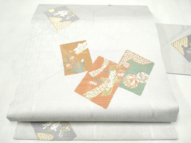 平和屋着物●九寸名古屋帯　色紙重ね熨斗草花文　金糸　正絹　逸品　CABM6004hy